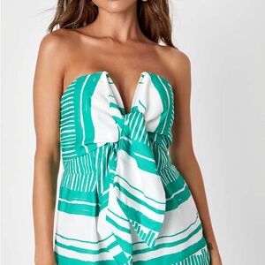 Lulus Delphi Green and White Striped Tie-Front Strapless Romper
